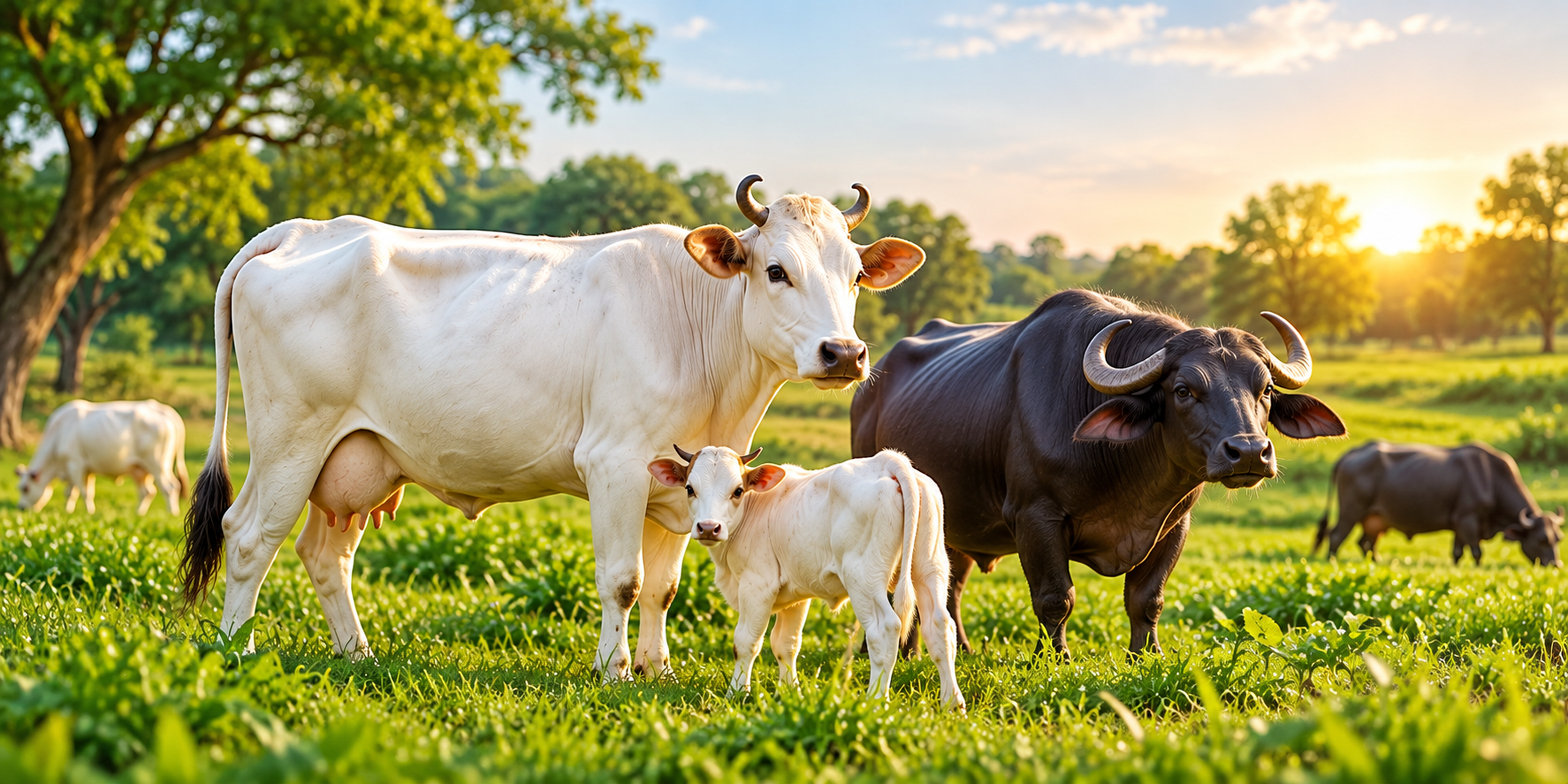 Dairy cattle grazing in a green pasture at sunrise